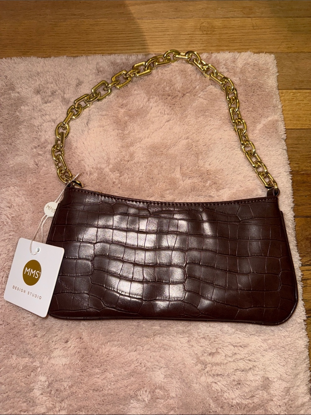 MMS Design Studio Croc-Embossed Shoulder Bag in Brown with Gold Chain